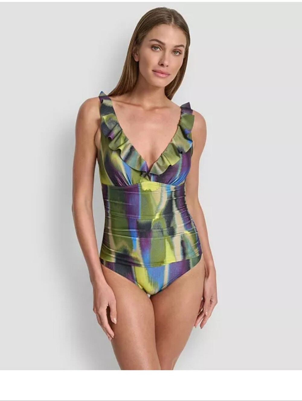 Dkny Olive Multi Striped Ruffle V-Neck One-Piece Swimsuit Size Large NWT